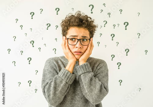 Confused young person with curly hair amidst question marks - concept of uncertainty and doubt photo