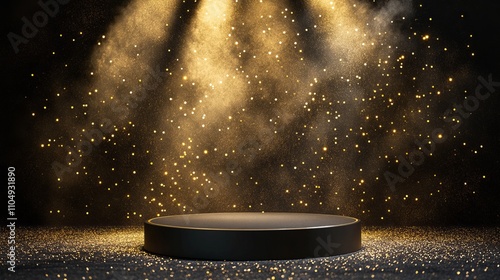 Elegant new year's celebration background featuring a black podium product stage with spotlight and sparkling golden glitter effects, perfect for promotional, event, and festive designs photo