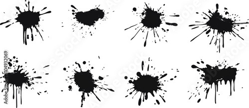 Vector graphic design elements of ink splashes, in black on a white background