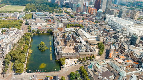 The Hague, Netherlands. Binnenhof. Hofvijver lake in the historical city center. Cloudy weather. Summer day, Aerial View photo