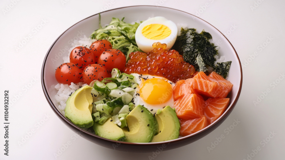 Poke bowl in plates with rice and avocado, salmon fish and egg, cheese and tomato, seaweeds and salad. Cartoon vector illustration set of traditional Hawaiian meal with seafood and vegetables. Poke bowl in plates with rice and avocado, salmon fish and egg, cheese and tomato, seaweeds and salad. Cartoon vector illustration set of traditional Hawaiian meal with seafood and vegetables.