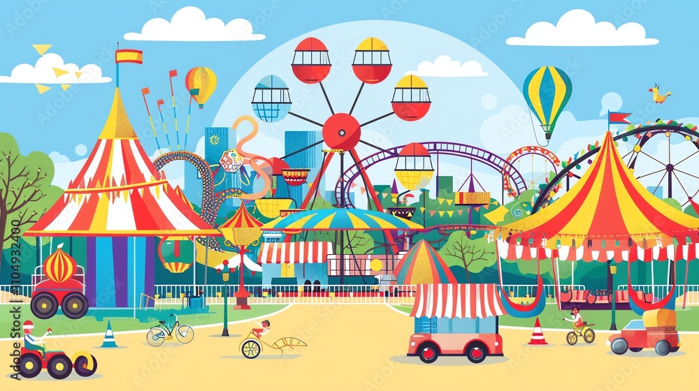 A cartoon illustration of an amusement park with various rides and attractions. A cartoon illustration of an amusement park with various rides and attractions.