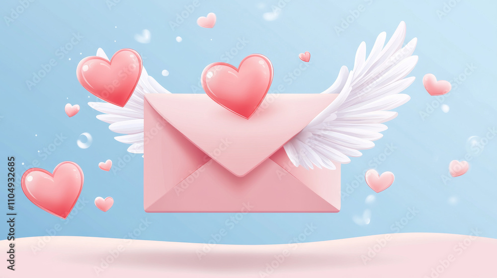3d love letter - closed and open pink paper envelope with heart shapes, white wings and notification icon. Cartoon realistic vector illustration set of cute romantic post mail for St Valentine day. 3d love letter - closed and open pink paper envelope with heart shapes, white wings and notification icon. Cartoon realistic vector illustration set of cute romantic post mail for St Valentine day.