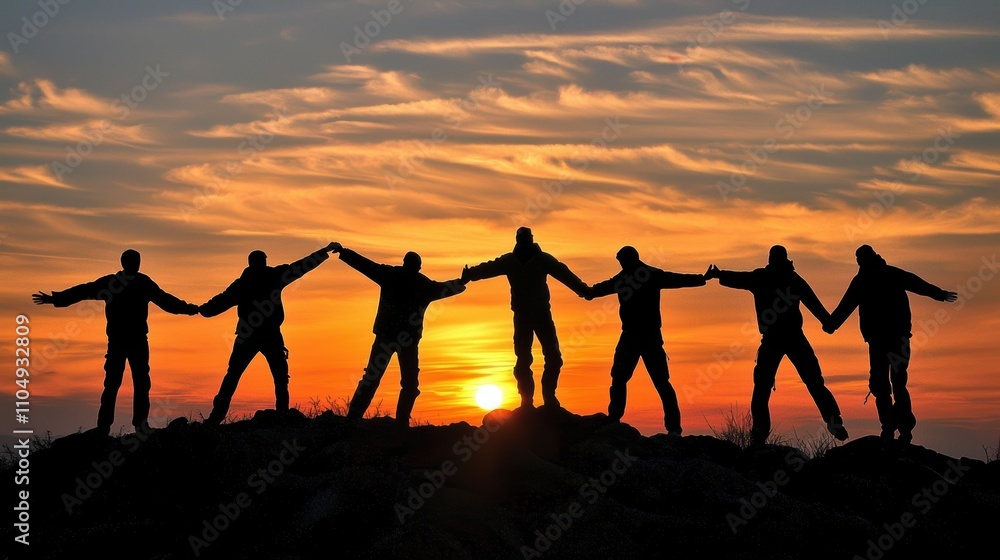 Silhouettes of six people holding hands against a vibrant sunset, symbolizing unity, friendship, and togetherness in nature. Silhouettes of six people holding hands against a vibrant sunset, symbolizing unity, friendship, and togetherness in nature.