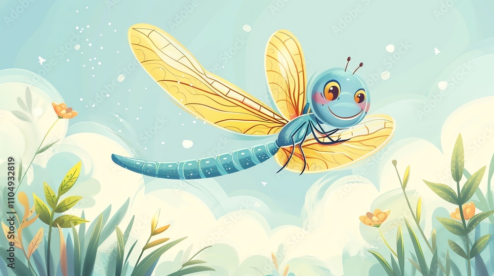 A cartoon dragonfly with big eyes and a smile flying in a field of flowers. A cartoon dragonfly with big eyes and a smile flying in a field of flowers.