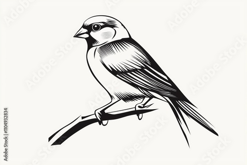 Simple vector outline of a finch, detailed and perched on a branch, with sharp contrasts and clean lines. Minimalist yet precise in its presentation.  photo