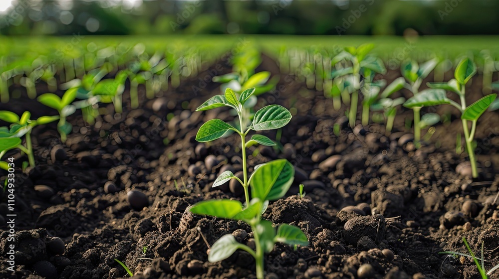 Soybean seedlings in rich dark soil. Perfect for agriculture, growth, and farming concepts.