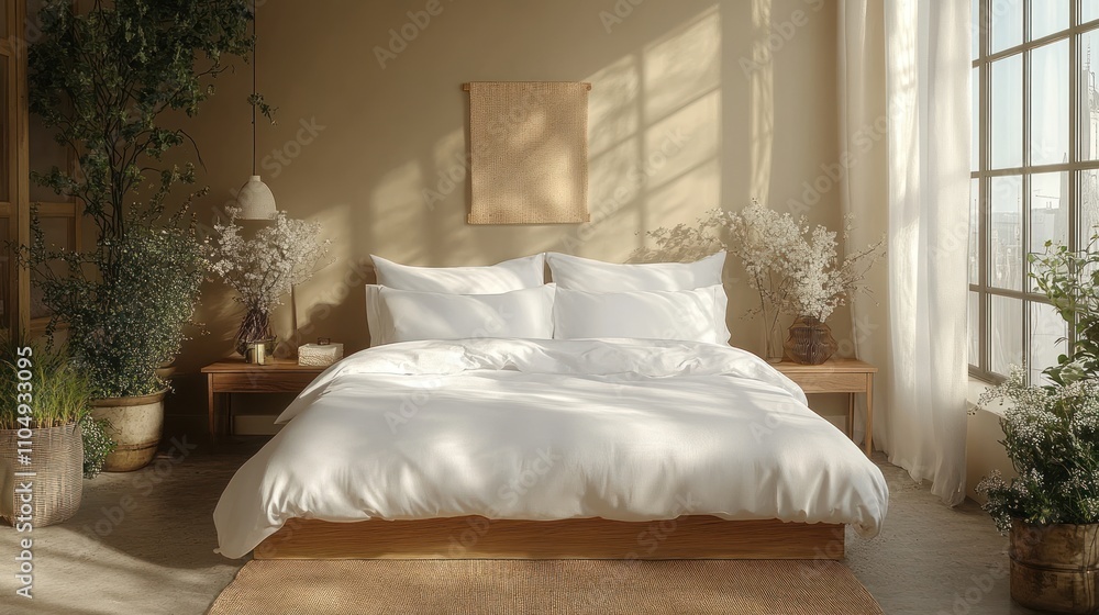 Sunlit Bedroom with White Bedding and Lush Plants Sunlit Bedroom with White Bedding and Lush Plants