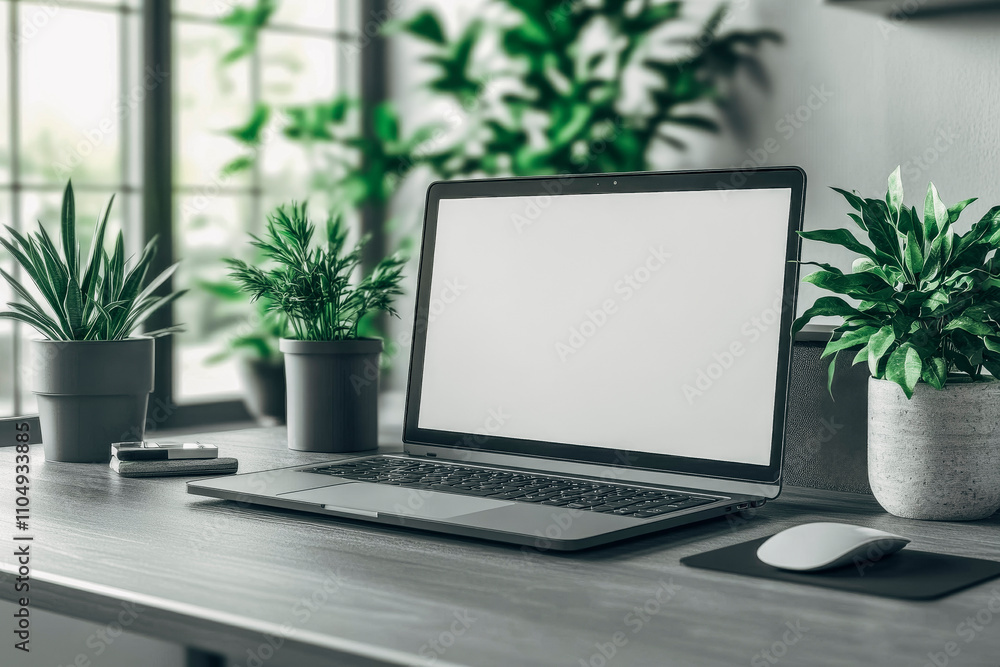 Modern home office desk with laptop and indoor plants for productivity and relaxation Modern home office desk with laptop and indoor plants for productivity and relaxation