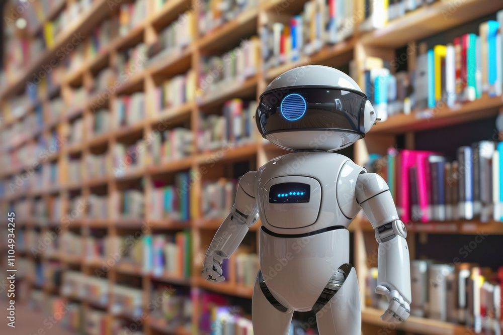 robot standing at futuristic library robot standing at futuristic library