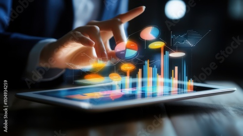 Financial analyst analyzes business financial reports on digital tablet