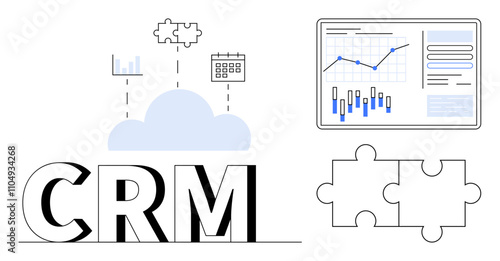 CRM text connected to a cloud with puzzle pieces, charts, and calendar icons. Two puzzle pieces and a data analytics dashboard. Ideal for business solutions, data integration, cloud computing, sales