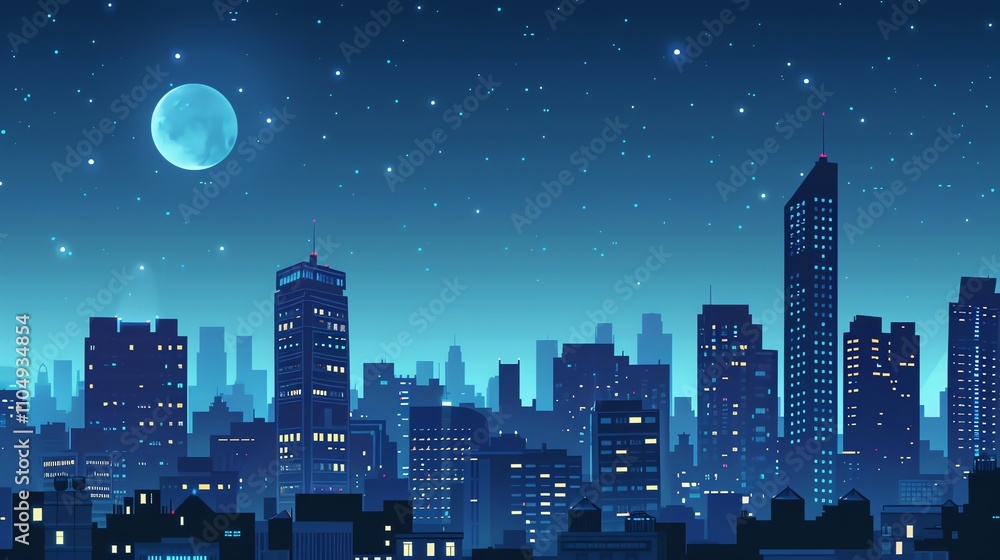 A stylized cityscape with buildings silhouetted against a starry night sky. A stylized cityscape with buildings silhouetted against a starry night sky.