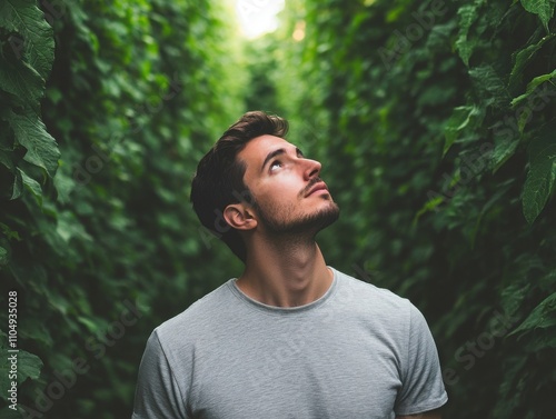 A young man gazes upwards amidst lush green foliage, reflecting a moment of contemplation in nature's embrace.