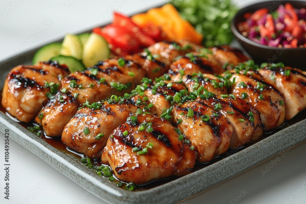 A platter of hibachi chicken glazed with teriyaki , paired with vibrant vegetables for visual appeal. A platter of hibachi chicken glazed with teriyaki , paired with vibrant vegetables for visual appeal.