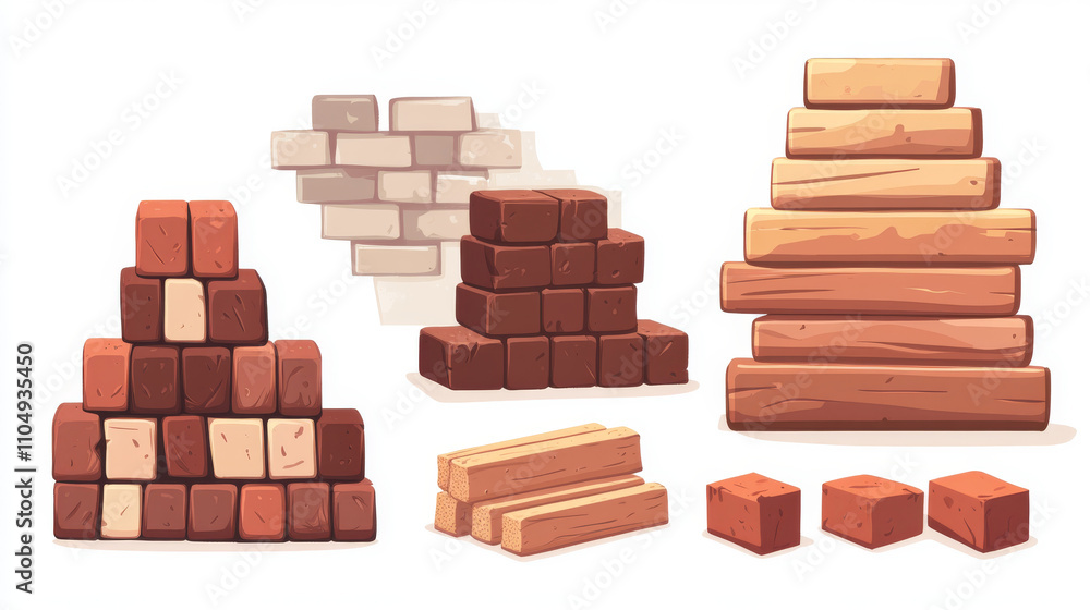 Building material stack. Brick pile vector icon. House construction isolated cartoon graphic set. Wood, cement powder, stacked cinder and mixer supply object for build home in game. Rough timber piece Building material stack. Brick pile vector icon. House construction isolated cartoon graphic set. Wood, cement powder, stacked cinder and mixer supply object for build home in game. Rough timber piece