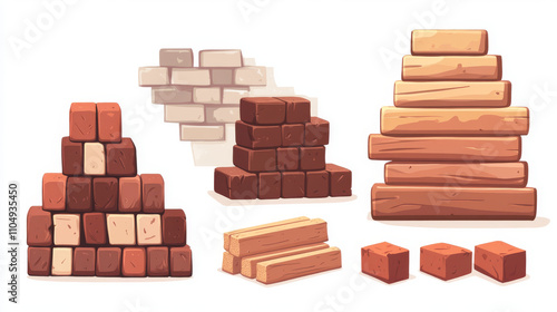 Building material stack. Brick pile vector icon. House construction isolated cartoon graphic set. Wood, cement powder, stacked cinder and mixer supply object for build home in game. Rough timber piece