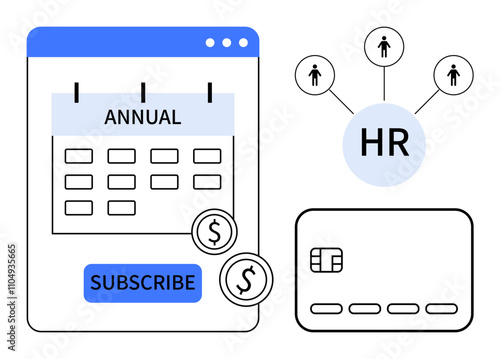 Calendar marked Annual with Subscribe button, credit card, connected HR nodes. Ideal for HR services, subscriptions, payment systems, annual plans, workforce management, network financial