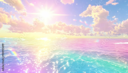 Dreamy pastel sunrise over a calm ocean; vibrant, colorful sky and water, perfect for backgrounds, websites, or social media.