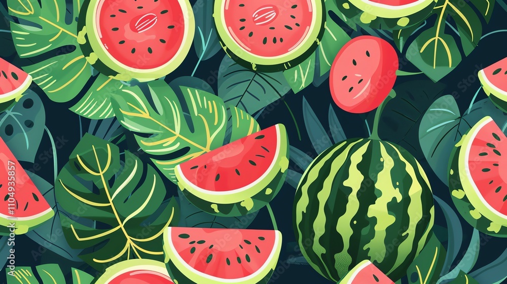 A tropical fruit pattern with watermelons, oranges, grapes, and leaves on a dark background. A tropical fruit pattern with watermelons, oranges, grapes, and leaves on a dark background.