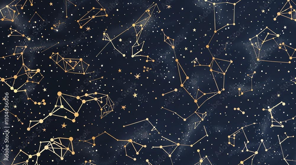 A seamless pattern of constellations and stars on a dark blue background. A seamless pattern of constellations and stars on a dark blue background.