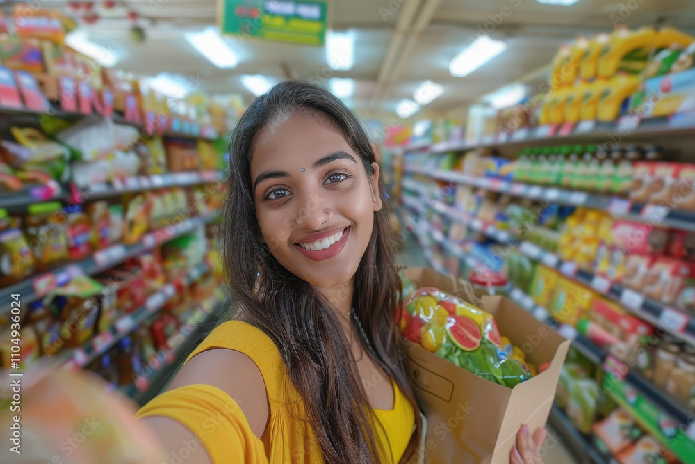 young indian woman taking selfie at grocery store