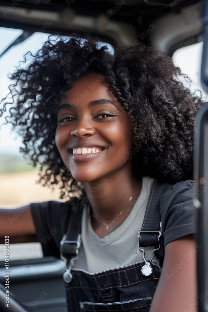 Cheerful young african american woman driving a truck in logistics and transportation industry Cheerful young african american woman driving a truck in logistics and transportation industry