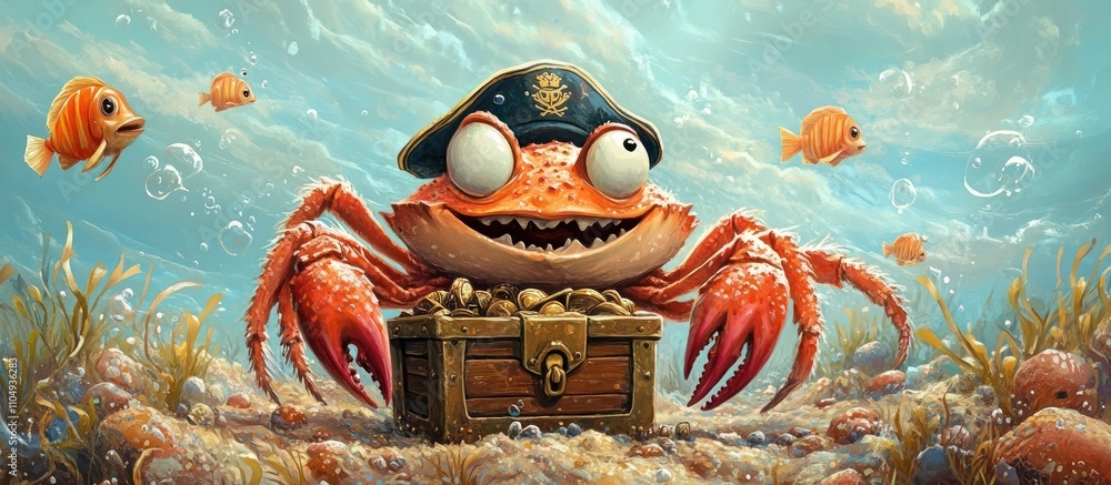 Fototapeta premium A cheerful cartoon crab wearing a pirate hat stands next to a treasure chest full of gold, with fish swimming around him.