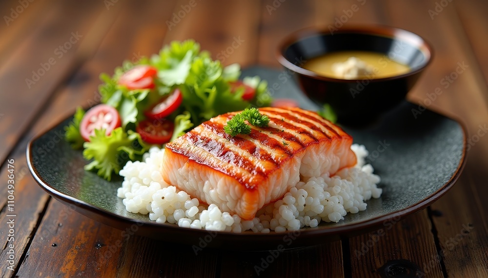 A plate of seared salmon on a bed of rice with tomato salad on the side, served in a rustic wooden setting A plate of seared salmon on a bed of rice with tomato salad on the side, served in a rustic wooden setting