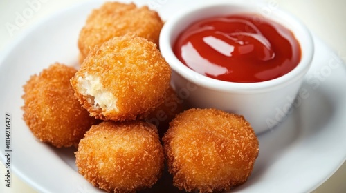 Homemade crispy fried chicken nuggets served with ketchup