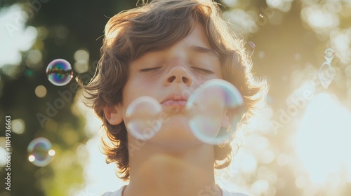 Teenage boy blowing soap bubbles outdoors