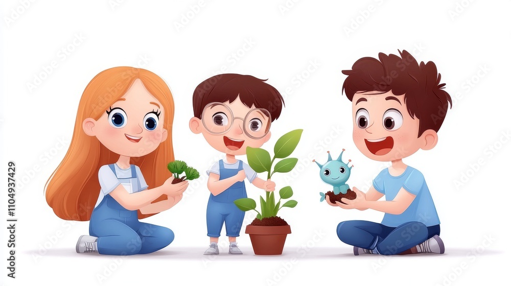 Family Engaging in Fun Gardening Activities with Cute Characters Family Engaging in Fun Gardening Activities with Cute Characters