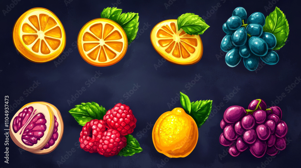 Fruits game ui or casino slot design elements. Cartoon vector illustration set of gambling machine symbols or videogame bonus gift buttons of whole and slice orange, lemon and raspberry, grape bunch. Fruits game ui or casino slot design elements. Cartoon vector illustration set of gambling machine symbols or videogame bonus gift buttons of whole and slice orange, lemon and raspberry, grape bunch.