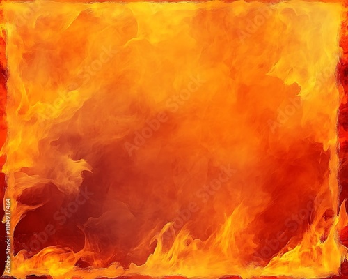 Vibrant abstract orange fire background texture with red border, featuring fiery yellow flames and smoke patterns; perfect for halloween, fall,