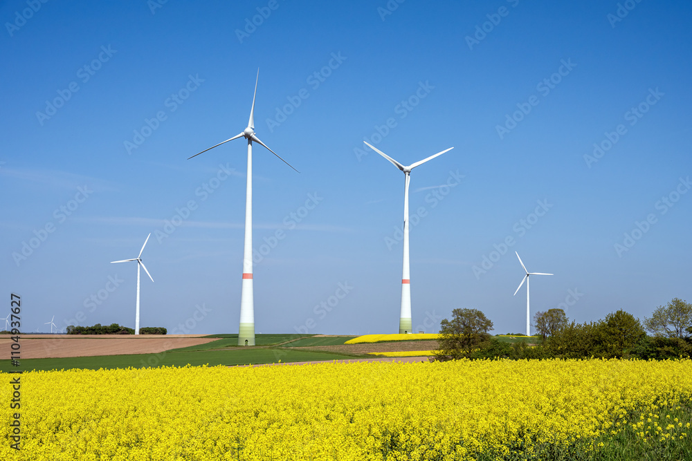 Wind energy plants in yellow and green agricultural fields seen in Germany Wind energy plants in yellow and green agricultural fields seen in Germany