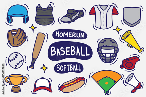 set of baseball doodles color good for background, wallpaper, element design, icons, etc