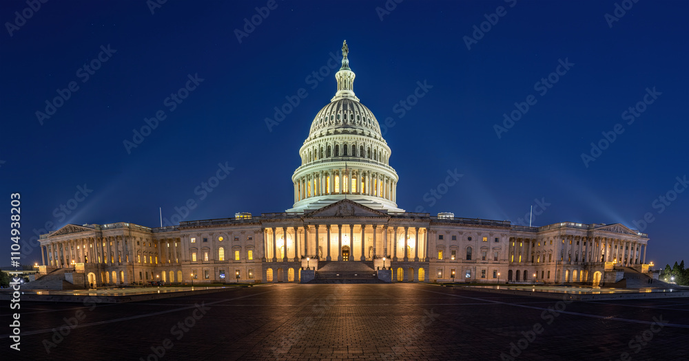 Fototapeta premium Panorama of the illuminated United States Capitol in Washington DC at night