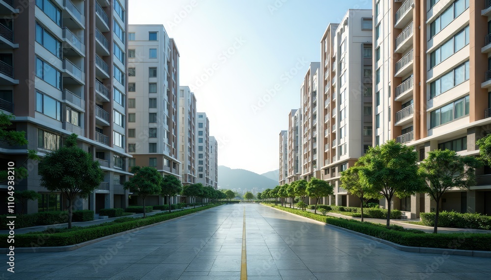 Sunny day in a modern apartment complex with trees lining the street Sunny day in a modern apartment complex with trees lining the street