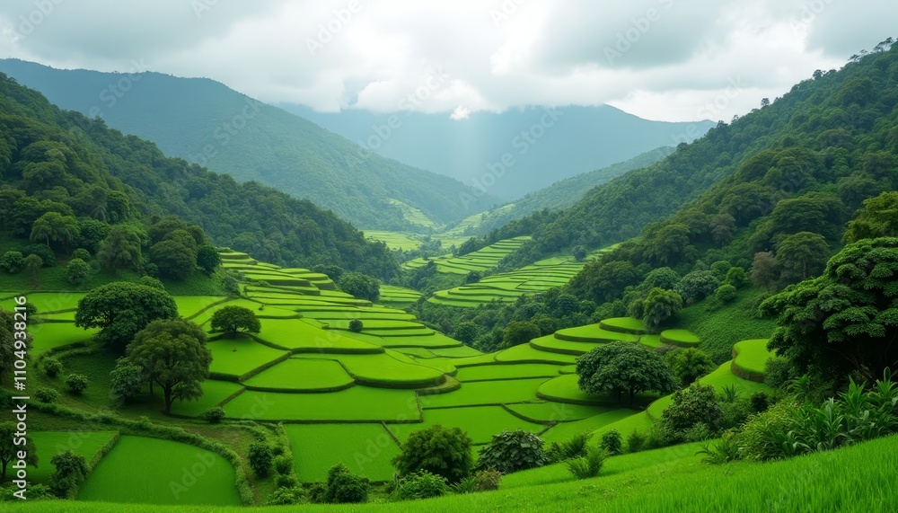 Fototapeta premium Lush green rice terraces in a valley surrounded by mountains