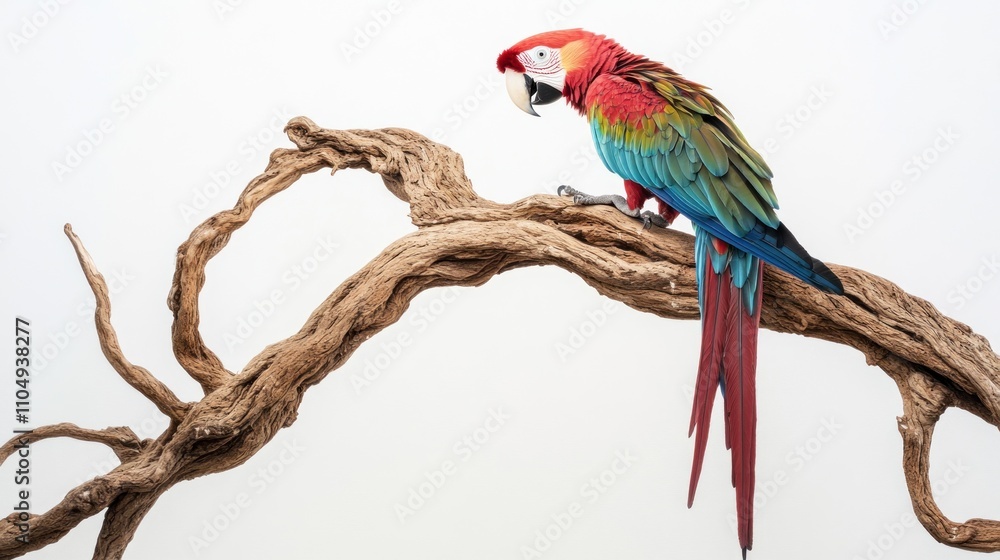 Fototapeta premium Scarlet Macaw Perched On A Twisted Driftwood Branch