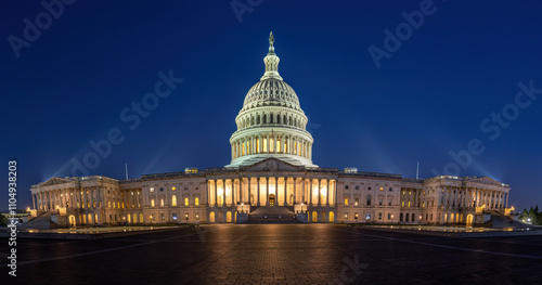 Panorama of the illuminated United States Capitol in Washington DC at night