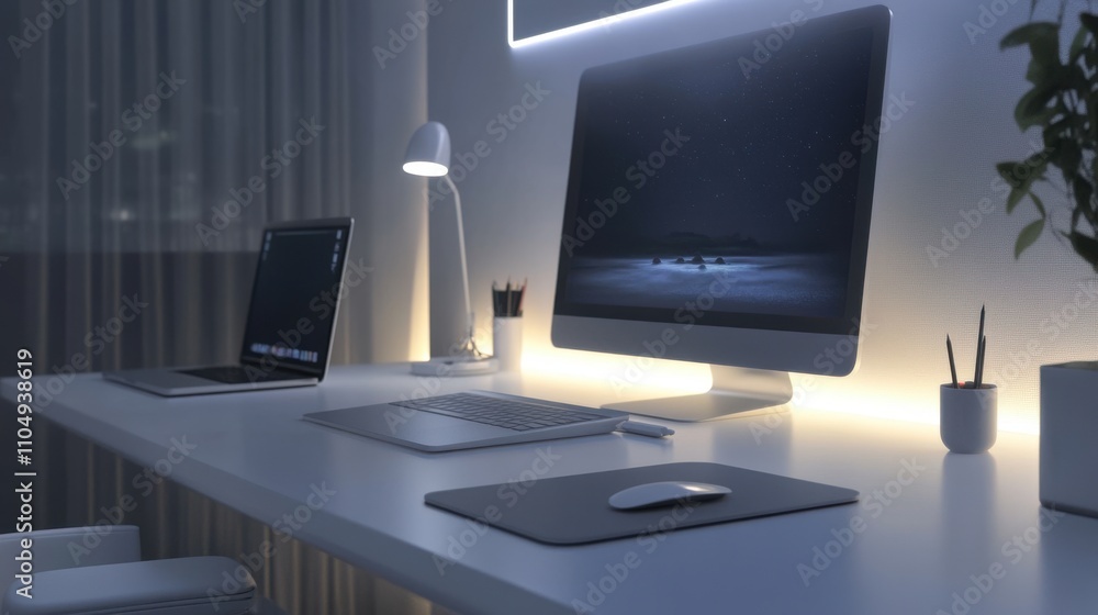 Minimalistic workspace with a modern laptop and desktop Minimalistic workspace with a modern laptop and desktop
