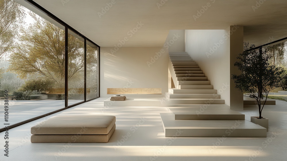 Fototapeta premium Modern Minimalist Home Interior Design With Staircase
