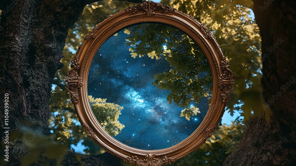Obraz premium A circular, ornate frame is positioned amidst lush green foliage, serving as a portal to a stellar night sky filled with stars and the Milky Way galaxy. The frame's rich gold detailing contrasts beaut