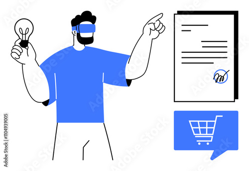 Person wearing VR headset holding lightbulb while pointing at a signed document and blue shopping cart icon. Ideal for technology, innovation, virtual reality, e-commerce, digital transactions