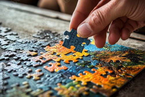 A hand placing a final piece in a jigsaw puzzle, symbolizing goal completion, problem-solving, and satisfaction, with a vibrant image emerging on the table in a cozy living room