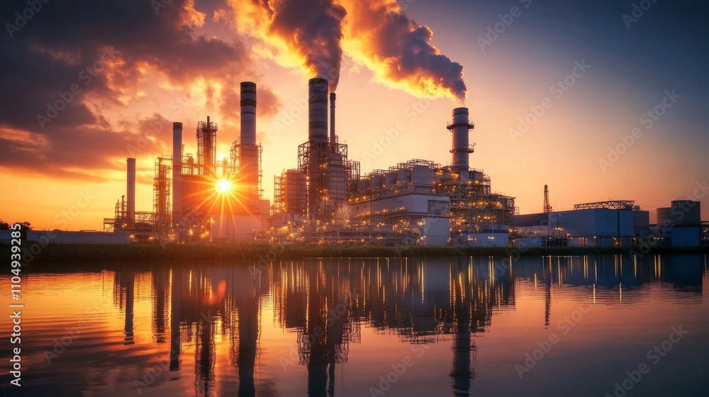 Landscape photograph industrial plant sunset sky beautiful orange Oil refinery Landscape photograph industrial plant sunset sky beautiful orange Oil refinery