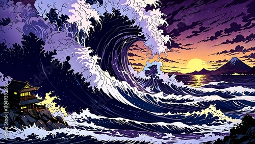 Japanese great wave sea Japan art design in a vintage  style