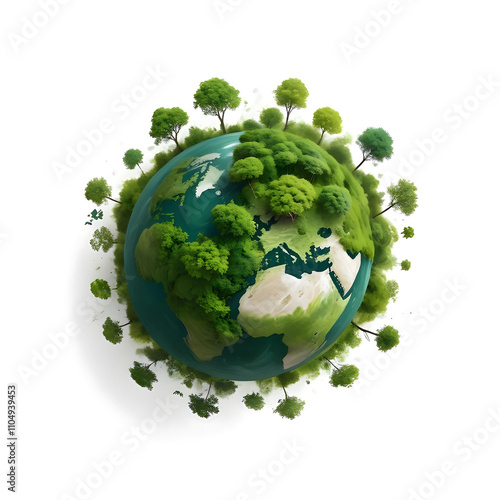 A green, lush planet Earth surrounded by trees and nature, representing environmental conservation and sustainability., bold and slim lines, brush strokes - 3 photo