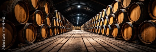 Long row wooden barrels arranged rows wine cellar Whiskey, bourbon, scotch photo